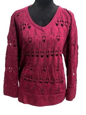 Indigo Thread Co. Burgundy Open‑Knit V‑Neck Sweater – Size L 100% Cotton